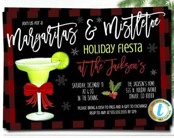 Inbjudan till julfest med margaritas och mistel, julfest, cocktailparty, redigerbar mall, gör-det-själv-redigering för nedladdning
