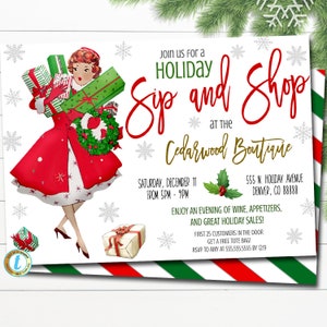 Convite para compras e goles de férias, escola de eventos de compras de boutique de Natal, pequena empresa de igreja, modelo editável de festa em casa aberta de Natal