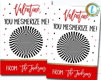 Peut inclure: Deux cartes de Saint-Valentin imprimables avec un motif de cœur en illusion d'optique noir et blanc. Le texte sur les cartes est "Valentine, tu me fascinas !" et "De : Les Jackson".