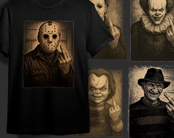 Horror Icons Digital Art Chucky, Freddy Krueger, Jason Voorhees, Michael Myers Halloween Sublimation PNG DTF, Heat Transfer T-Shirt Design