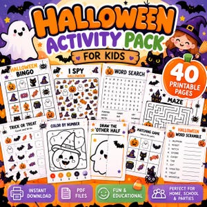 May include: A Halloween activity pack for kids featuring 40 printable pages with games like bingo, word search, maze, color by number, and word scramble. The collection includes illustrations of ghosts, pumpkins, cats, and bats on a purple background.
