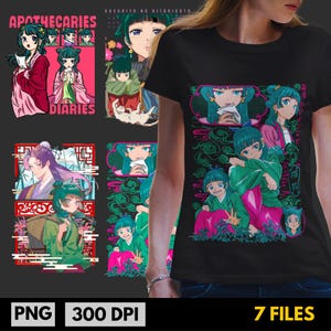 May include: Black t-shirt featuring multiple anime-style illustrations with characters in traditional Asian attire. The design includes the text "APOTHECARIES DIARIES" and Japanese text. The images are in pink, green, and blue. The bottom of the image shows "PNG 300 DPI" and "7 FILES".