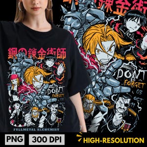 Puede incluir: Camiseta negra con un diseño colorido de estilo anime, que incluye personajes y texto japonés. El diseño incluye las palabras "DONT FORGET" y "FULLMETAL ALCHEMIST". La imagen está etiquetada como "PNG 300 DPI" y "ALTA RESOLUCIÓN".