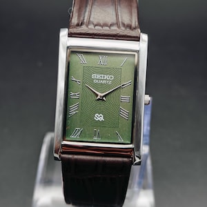 Orologio da polso analogico al quarzo Seiko Slim Tank vintage ricondizionato, orologio rettangolare, regalo per lui, regalo per papà, orologio da polso da uomo - Orologio verde