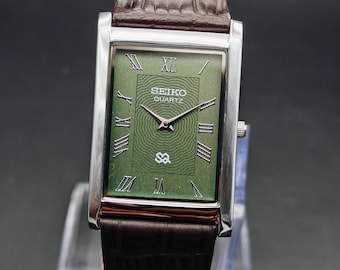 Refurbished Vintage Seiko Slim Tank Quartz Analog Wrist Watch Rectangle watch, gift for him, gift for dad,Men&#39;s wrist watch-Green Watch