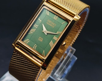 Vintage Seiko Slim Tank Quartz Men&#39;s Wrist Watch, Gift For Dad, Gift For Him- Retro Wrist watch-Gold Plated Green Rectangle Watch