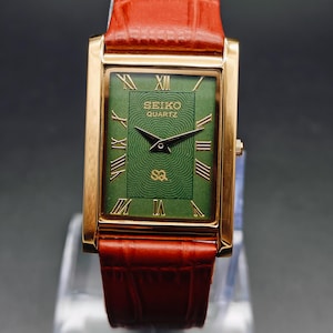 Vintage Seiko Slim Tank Quartz Analog Wrist Watch Gold Plated Rectangle watch, gift for him, gift for dad,Green Men's wrist watch