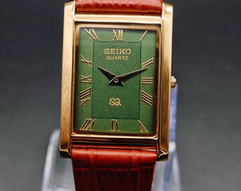 Vintage Seiko Slim Tank Quartz Analog Wrist Watch Gold Plated Rectangle watch, gift for him, gift for dad,Green Men&#39;s wrist watch