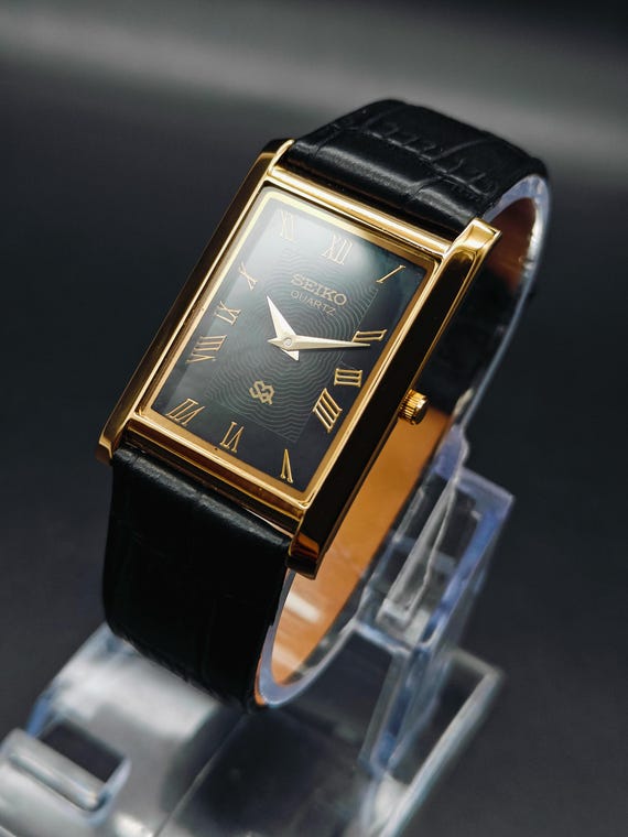 Vintage Seiko Gold Plated Tank Watch: Black Dial, Sapphire