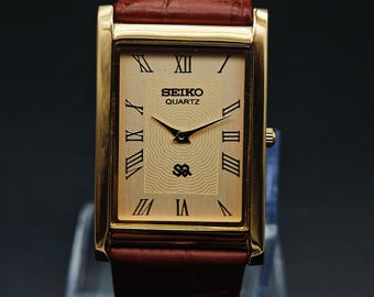 Refurbished Vintage Seiko Slim Tank Quartz Analog Wrist Watch Gold Plated Rectangle watch, gift for him, gift for dad,Men&#39;s wrist watch