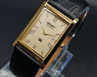 Vintage Seiko Slim Tank Quartz Analog Wrist Watch Gold Plated Rectangle watch, gift for him, gift for dad,Men's wrist watch