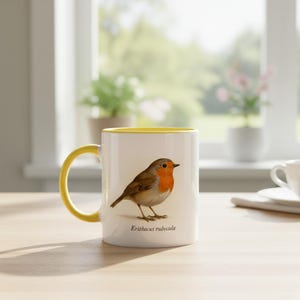 Rödhakemugg (Erithacus rubecula) – Tryckt på båda sidor | Söt illustration | Keramisk kaffemugg | Tål maskindisk