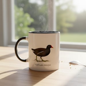 May include: A white ceramic mug with a black handle and rim, featuring a detailed illustration of a common moorhen, scientifically labelled as Gallinula chloropus, with steam rising from the top of the mug, suggesting a hot beverage inside.