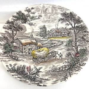 Staffordshire Yorkshire Hand Engraved  Transfer ware Ironstone plate farm scene with hay wagon