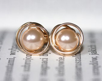 Pearl post earrings in 14K gold filled, handmade wire wrapped