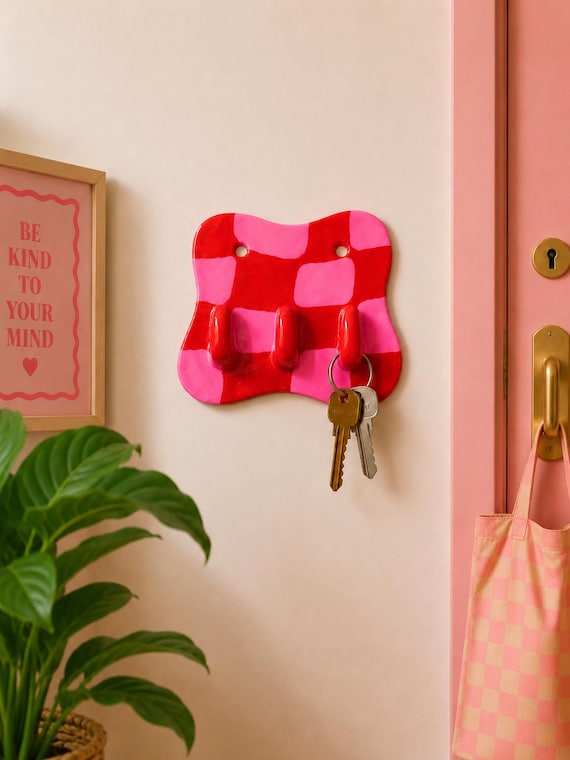 Custom Color Wall Key Holder | Air Dry Clay | Asymmetrical Plaid Home Decor | Handmade Key Rack | 5x3