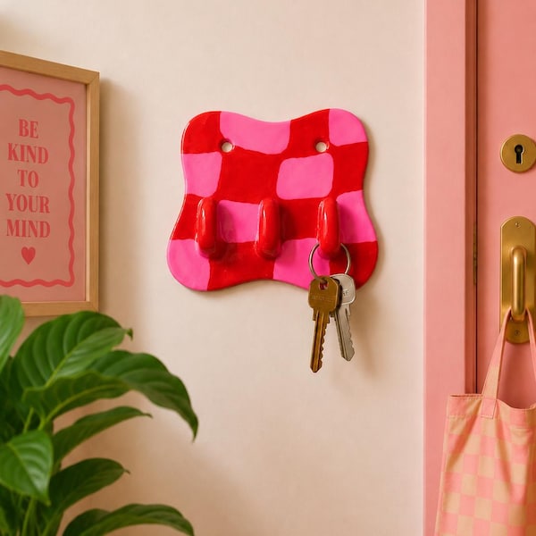 Custom Color Wall Key Holder | Air Dry Clay | Asymmetrical Plaid Home Decor | Handmade Key Rack | 5x3