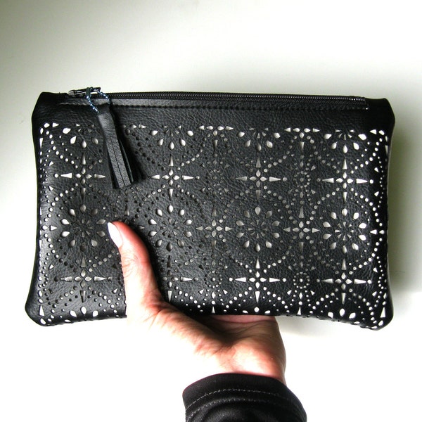 Faux Leather Lace Cut Out Pouch - Eyelet Black and White Vegan Laser Cut Purse