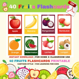 40 tarjetas de vocabulario de frutas para niños: tarjetas imprimibles para preescolar, jardín de infancia y niños pequeños. Herramienta de aprendizaje de inglés como segundo idioma (PDF)