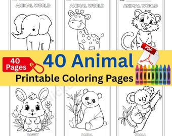 May include: A set of 40 printable coloring pages titled Animal World, featuring black and white line art of an elephant, giraffe, tiger, rabbit, panda, and koala. Each page includes a name field and a PDF icon with colorful crayons below.
