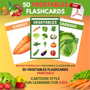 50 cartes-éclair sur les légumes pour les enfants - Cartes de vocabulaire imprimables pour les tout-petits, préscolaire, ESL, école à la maison - Téléchargement numérique PDF