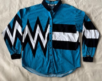 Vintage Brooks & Dunn Geometric Button Up Shirt – Teal Blue Black White Abstract Western Large