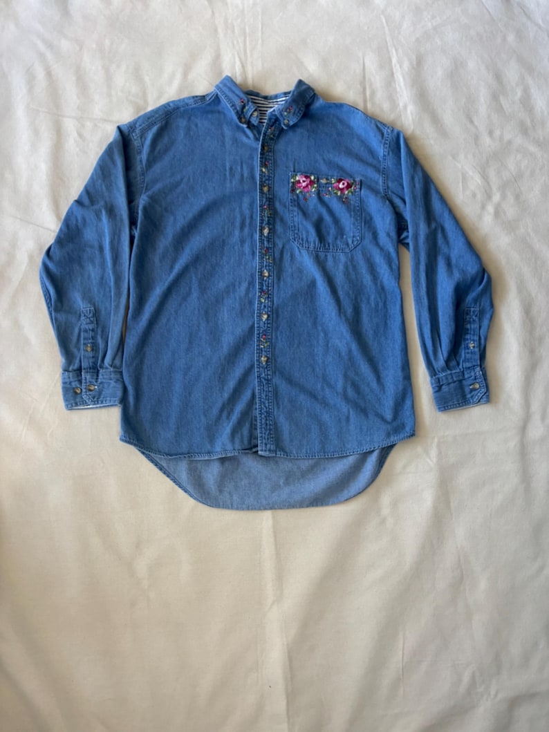 Vintage 90s Hand-Painted Floral Denim Shirt – Cottagecore Boho Rose Pocket Button-Up image 1