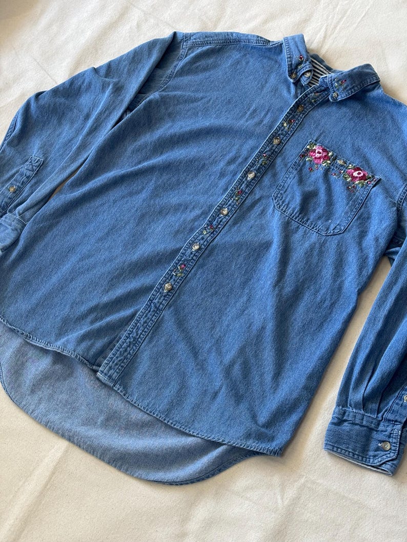 Vintage 90s Hand-Painted Floral Denim Shirt – Cottagecore Boho Rose Pocket Button-Up image 2