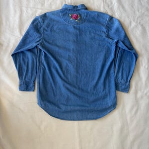 Vintage 90s Hand-Painted Floral Denim Shirt – Cottagecore Boho Rose Pocket Button-Up image 4