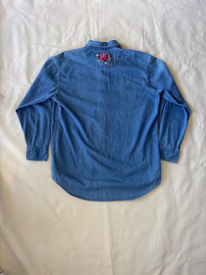 Vintage 90s Hand-Painted Floral Denim Shirt – Cottagecore Boho Rose Pocket Button-Up image 4