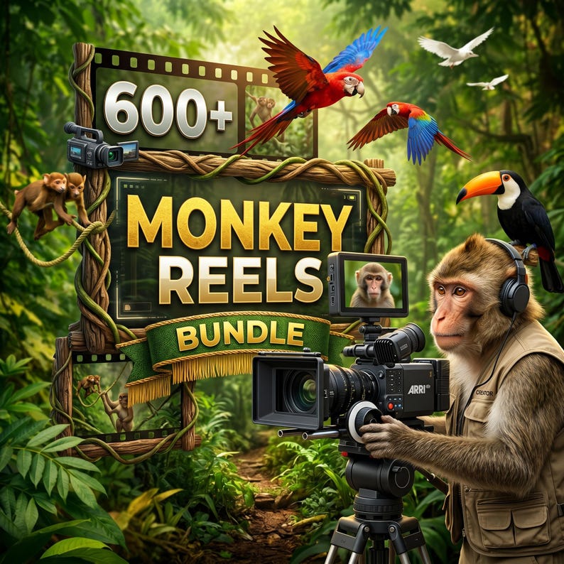 May include: A digital illustration features a monkey operating a professional video camera. The image includes the text "600+ MONKEY REELS BUNDLE" on a sign, with parrots and a toucan in a lush jungle setting.