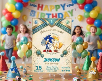 Sonic Geburtstagseinladung, bearbeitbare Canva-Vorlage, Kinderparty einladen (digitaler Download)