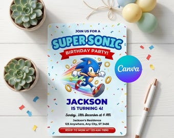 Sonic Geburtstagseinladung, Fotogeburtstag einladen, bearbeitbare Canva-Vorlage (digitaler Download)