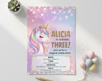 Einhorn Geburtstagseinladung, rosa Regenbogen Magisches Mädchen Party einladen (Digitaler Download)
