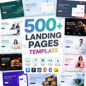 May include: A promotional image showcasing a website landing page template. The central text reads "500+ LANDING PAGES TEMPLATE." Various website mockups are displayed, along with icons for responsive design, editable features, and drag-and-drop functionality.