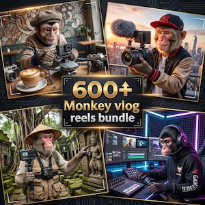 May include: A digital graphic with four images of a monkey vlogging. The images show the monkey with cameras, a drone, and a computer setup. The text "600+ Monkey vlog reels bundle" is displayed in gold.