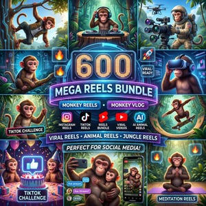 May include: A digital graphic featuring monkeys in various scenarios, including DJing, filming, and using VR headsets. The image promotes a "600 Mega Reels Bundle" for social media, with text like "Viral Reels" and "TikTok Challenge."