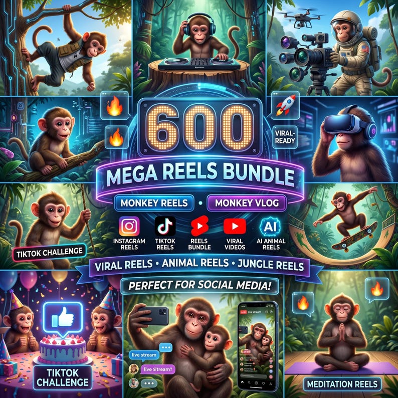 May include: A digital graphic featuring monkeys in various scenarios, including DJing, filming, and using VR headsets. The image promotes a "600 Mega Reels Bundle" for social media, with text like "Viral Reels" and "TikTok Challenge."