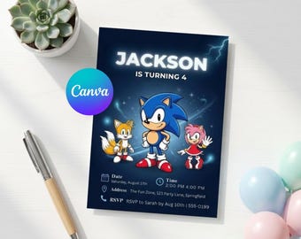 Sonic Geburtstagseinladung mit Foto, bearbeitbare Canva Vorlage (Digitaler Download)