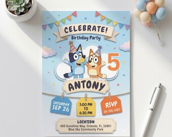 Bluey Geburtstagseinladung, bearbeitbare Canva Party Vorlage (digitaler Download)