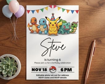 Bearbeitbare Pikachu Pokemon Geburtstagseinladung, Pokemon Party Einladungsvorlage, Canva bearbeitbare digitale Downloadkarte