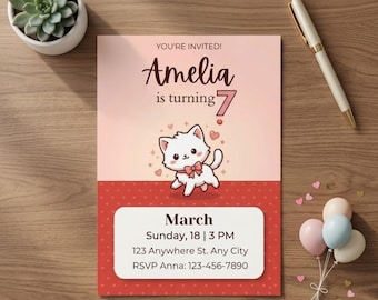 Kawaii Kitty Geburtstagseinladung, Rosa Kätzchen Party Vorlage (Digitaler Download)