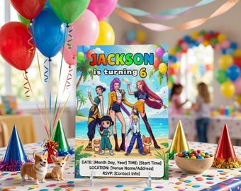 Anime Strand Geburtstagseinladung, Bunte Kinder Party Vorlage, Canva Bearbeitbar 13x18 (Digital Download)