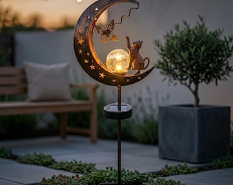 Cat Moon Solar Garden Stake Light, Metal Yard Decor, Solar Powered Pathway Lamp