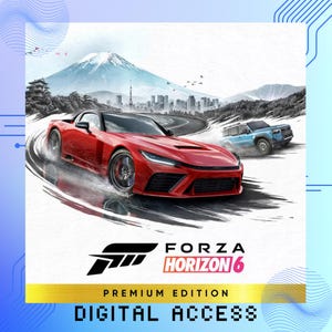 May include: A digital game cover for Forza Horizon 6 Premium Edition Digital Access featuring a red sports car drifting on a road with a light blue SUV in the background, set against a landscape with a mountain and a city skyline in the distance.