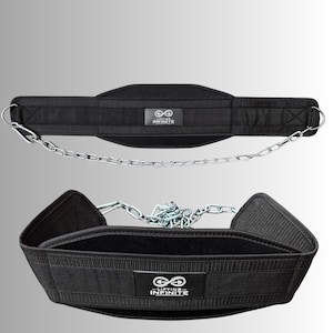 May include: Black weightlifting belt with a chain and the text "Lifting Infinite". The belt is designed to provide support during heavy lifting exercises. The belt has a padded back for comfort and a chain for attaching weight plates.