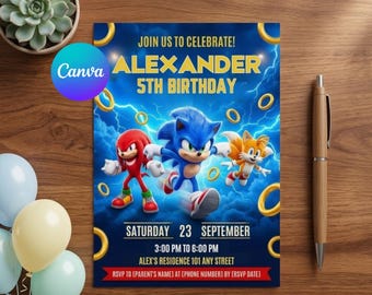 Sonic Geburtstagseinladung, bearbeitbare Canva-Vorlage, Gaming Party einladen (digitaler Download)
