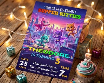 Super Kitties Geburtstagseinladung, bearbeitbare Canva Vorlage, Kids Cat Party Evite (Digitaler Download)