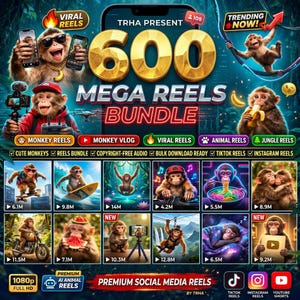 May include: A promotional graphic for a social media bundle featuring monkeys. The image includes the text "600 MEGA REELS BUNDLE" and icons for TikTok, Instagram, and YouTube. Various monkey illustrations are shown, with text overlays indicating views.