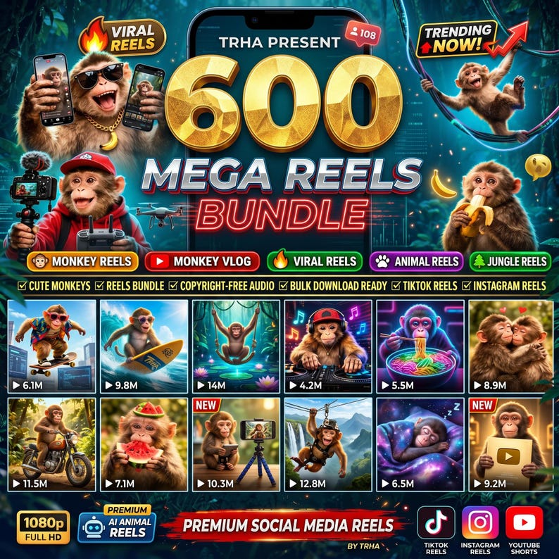 May include: A promotional graphic for a social media bundle featuring monkeys. The image includes the text "600 MEGA REELS BUNDLE" and icons for TikTok, Instagram, and YouTube. Various monkey illustrations are shown, with text overlays indicating views.